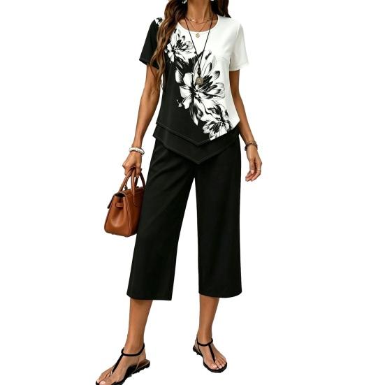 Women's Casual 2 Piece Sets Short Sleeve Crew Neck Top And Cropped Pants Sets Summer Floral Lounge Outfits