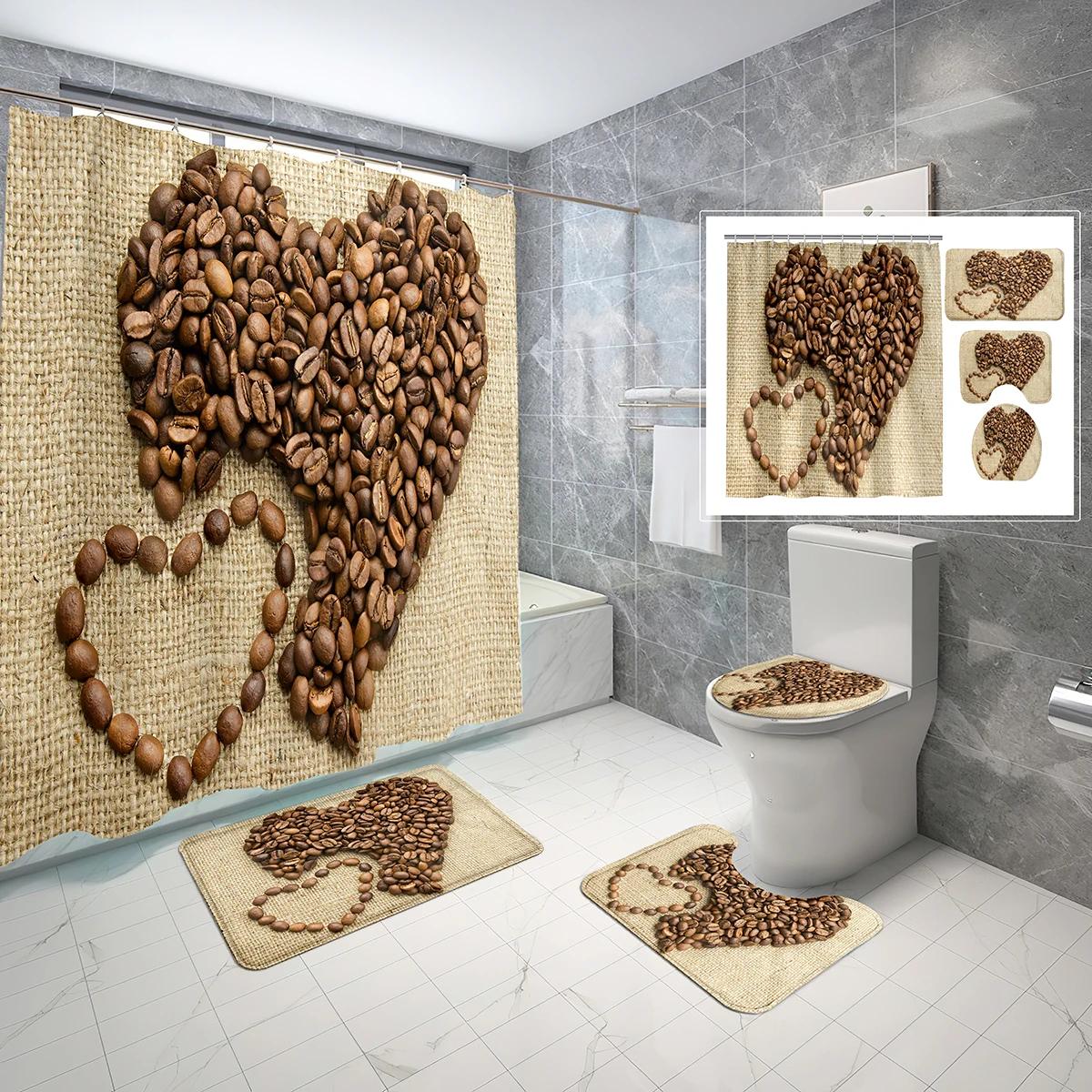 

4 Sets Coffee Shower Curtain Sets With Non-Slip Bath Mat,Toilet Lid Cover And Creativity Black Coffee Beans Shower Curtain Set W60H190(CM)-1 Pcs