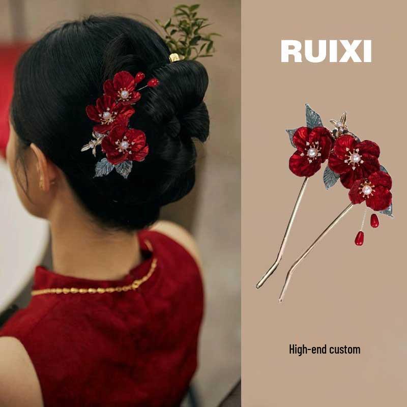 Red Camellia Tassel Hair Clips for Bridal Updo or Evening Gown