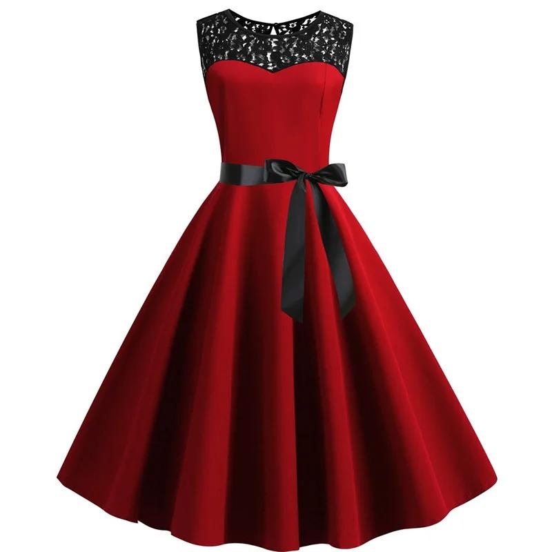 Blue Lace Patchwork Summer Women Elegant Vintage Party Dress Casual Office Ladies Dress