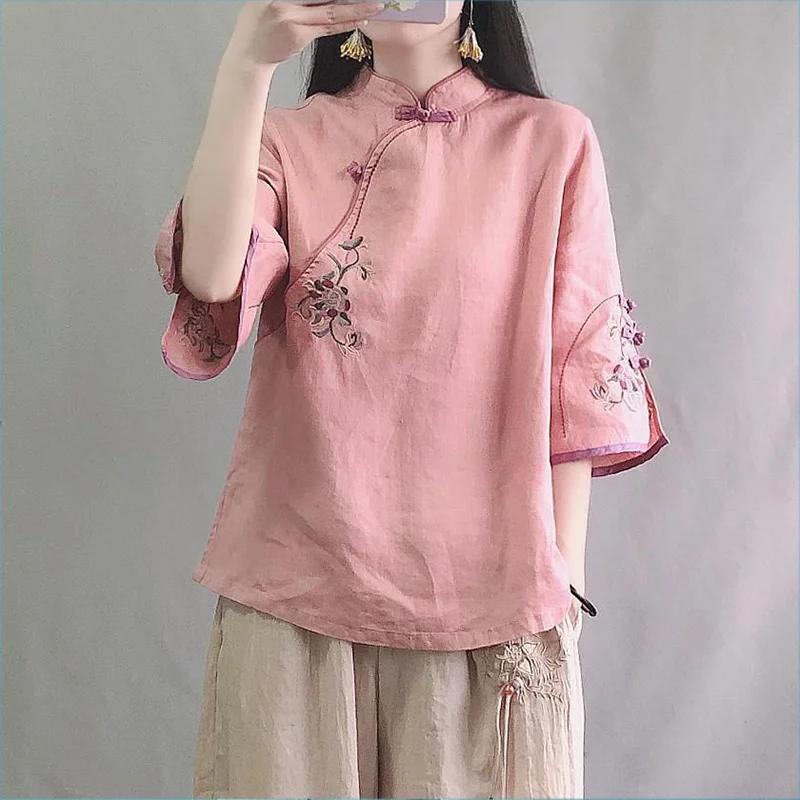 Spring Summer Retro Seven Quarter Ladies' Cotton Linen Shirt Blouse Chinese Traditional Women's Formal Top Ttang Costume Hanfu
