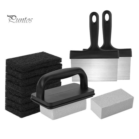 1 Set BBQ Griddle Cleaning Tool Kit with Handle Scraper Scouring Pad Pumice Stone Brush Multifunctional Barbecue Flat Top Grill Cleaner Kit