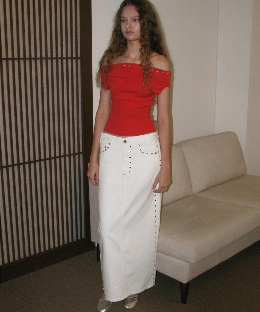 Partimento Woman Studded Denim Maxi Skirt_White