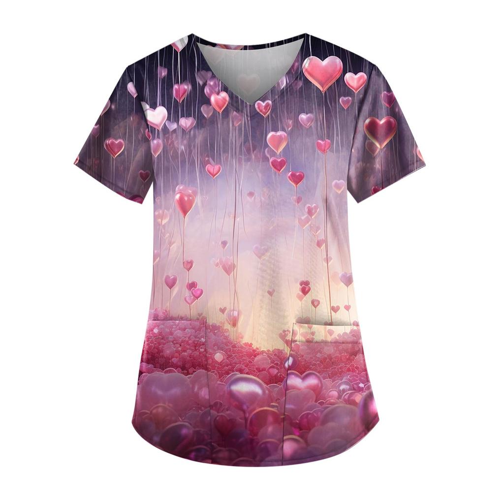 Plus Size Printed Scrub Working Uniform Tops For Women's V-Neck Print Short Sleeve Fun T-Shirts Workwear Tee With Pockets