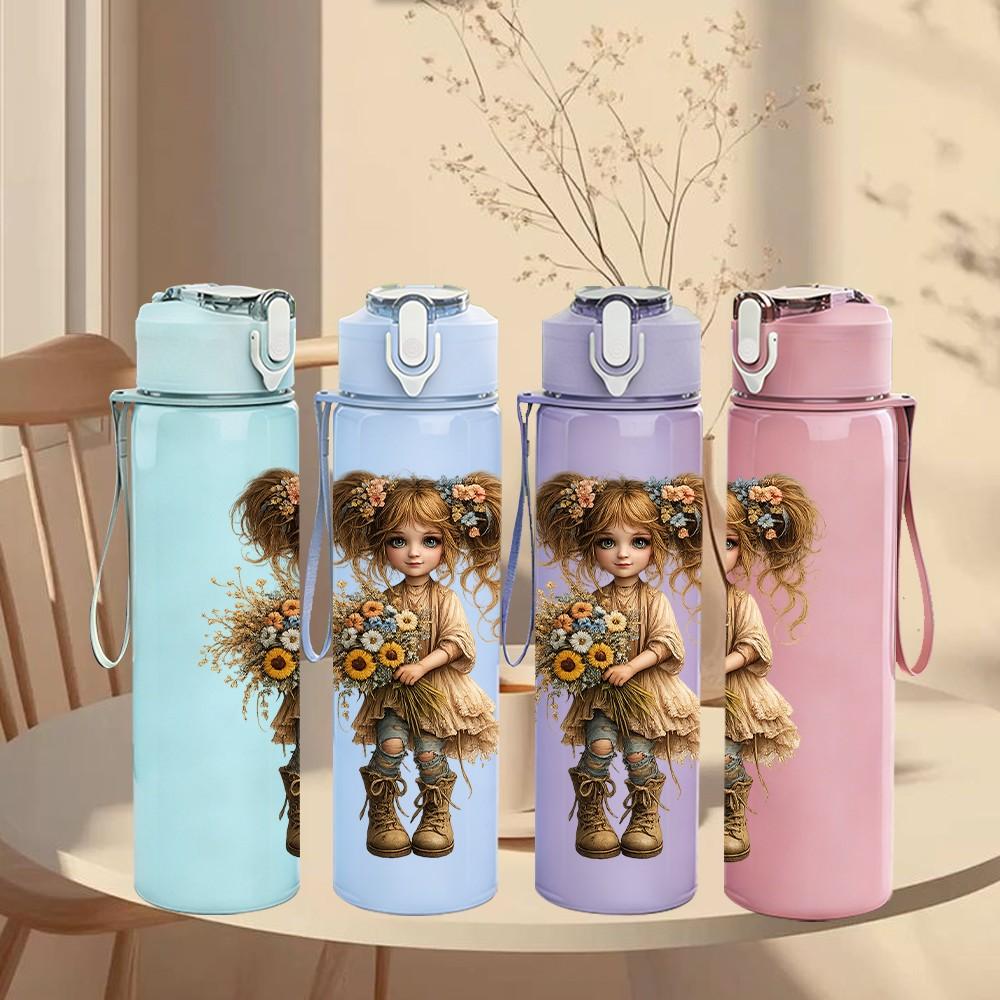 1PC Messy Hair Rag Doll Girl Character Print 750ml Color Plastic Sports Water Bottle Leakproof Flip Straw Lid Suitable for Sports Office Home Use