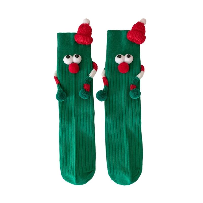 Unisex Couple 3D Santa Hat Dolls Christmas Middle Tube Socks with Magnetic Embellishments for Gifting and Celebrating