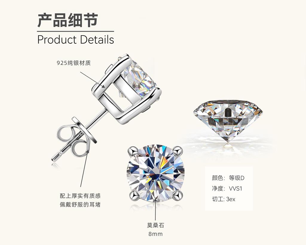 Silvere Glam Classic Four-pronged Moissanite Stud Earrings With A Niche Design For Women, S925 Sterling Silver Earrings