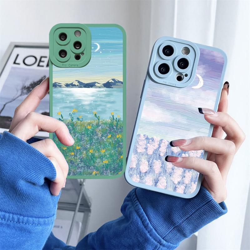 Art Oil Painting Flowers Phone Case For iPhone 14 11 12 13 Pro Max For iPhone XS X XR 7 8 Plus SE2 Soft Silicone Back Covers
