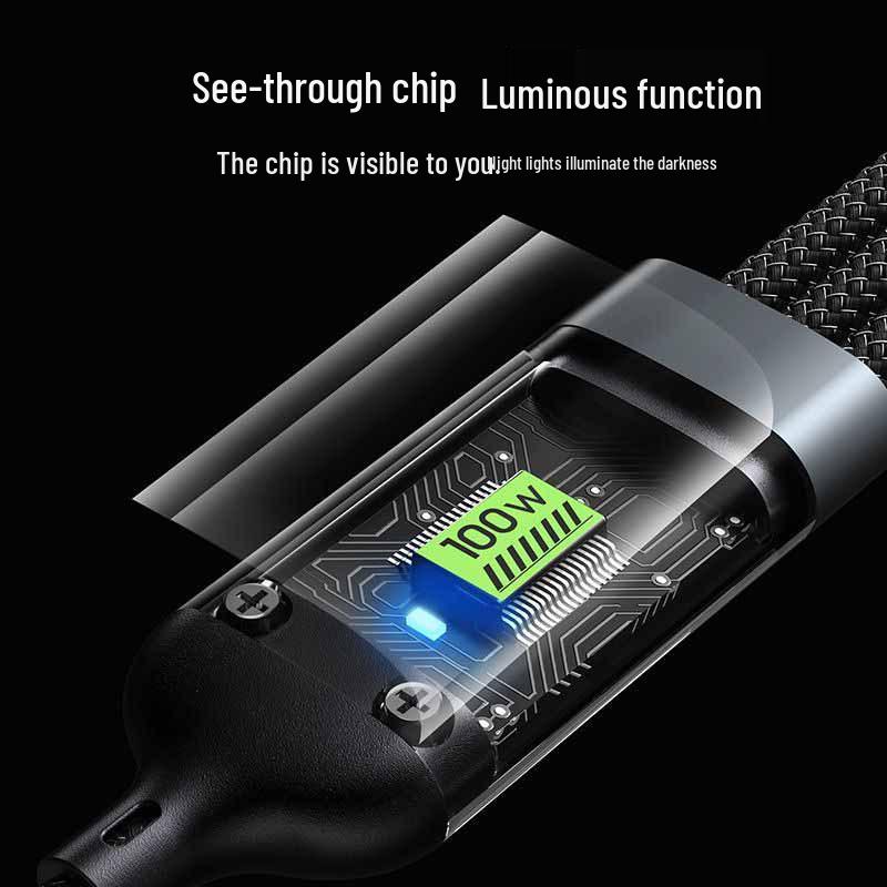 Transparent 100W 3-in-1 Type-C Fast Charging Cable - 6A Flash Charge, One-to-Three Functionality