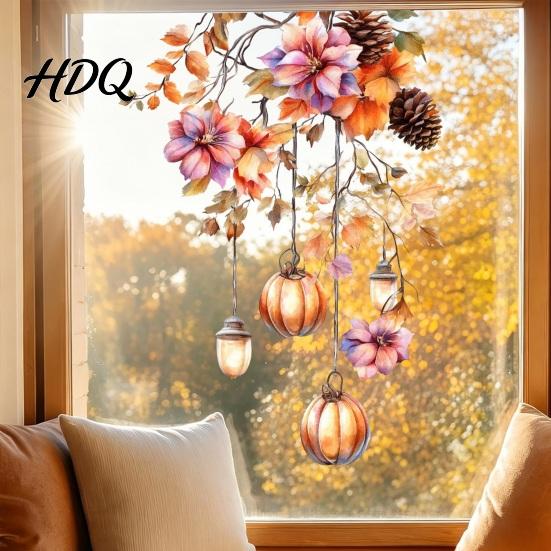 Reusable Window Stickers Fall Thanksgiving Static Clings Autumn Pumpkin Maple Leaf Floral Glass Decals Decals Removable Harvest Season for Home Shop