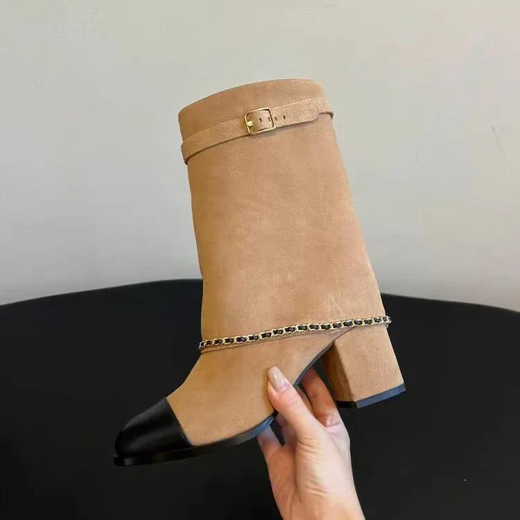 Fashion Brand New Round Toe Thick Heel Chain Belt Buckle Skirt Boots Women's Autumn Winter Fashion Runway Mixed Color Long Shoes Size 43