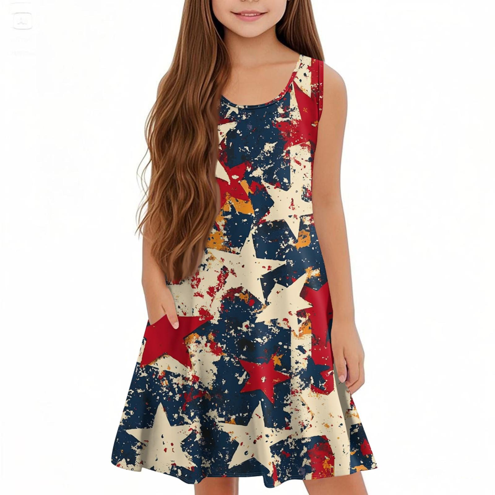 

Детское летнее платье А-силуэта без рукавов с U-образным вырезом, повседневное, на День независимости 110 красный