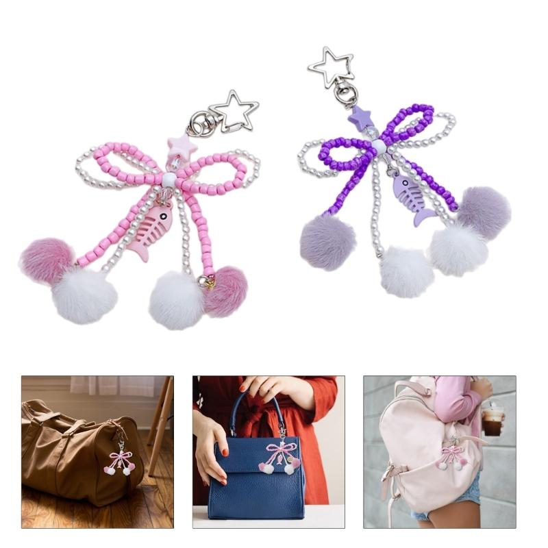 Bowknot Plush Ball Hanging Pendant Portable Y2K Hanging Lanyard Sweet Cool Phone Strap Bag Decoration for Girls Women