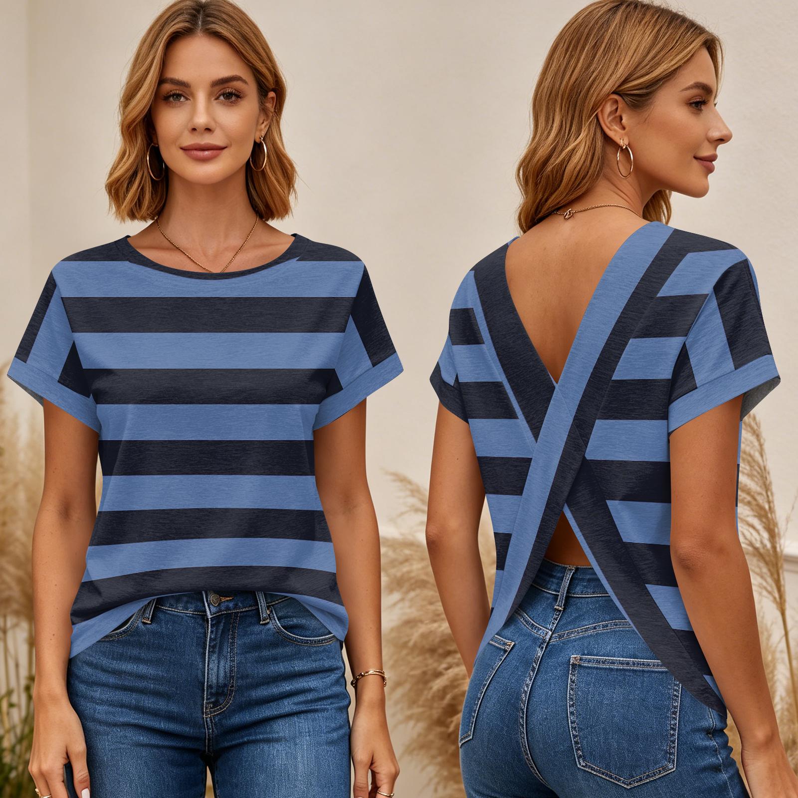

Women s Short Sleeve Striped Print Top Cross Back Open Back T-Shirt Casual Summer Blouse Lightweight Soft Fabric S