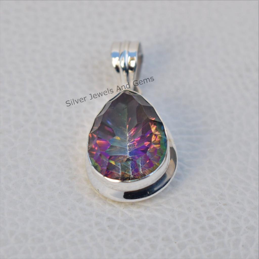 Mystic Topaz Pendant, 925 Sterling Silver Pendant, Teardrop Topaz Necklace, Anniversary Pendant, Handmade Pendant