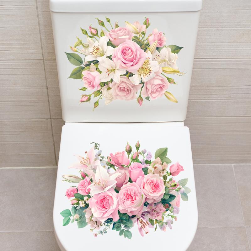 Flower Pattern Toilet Stickers Bathroom Decoration Stickers Decor Self-adhesive Wallpaper Removable PVC Waterproof Sticker