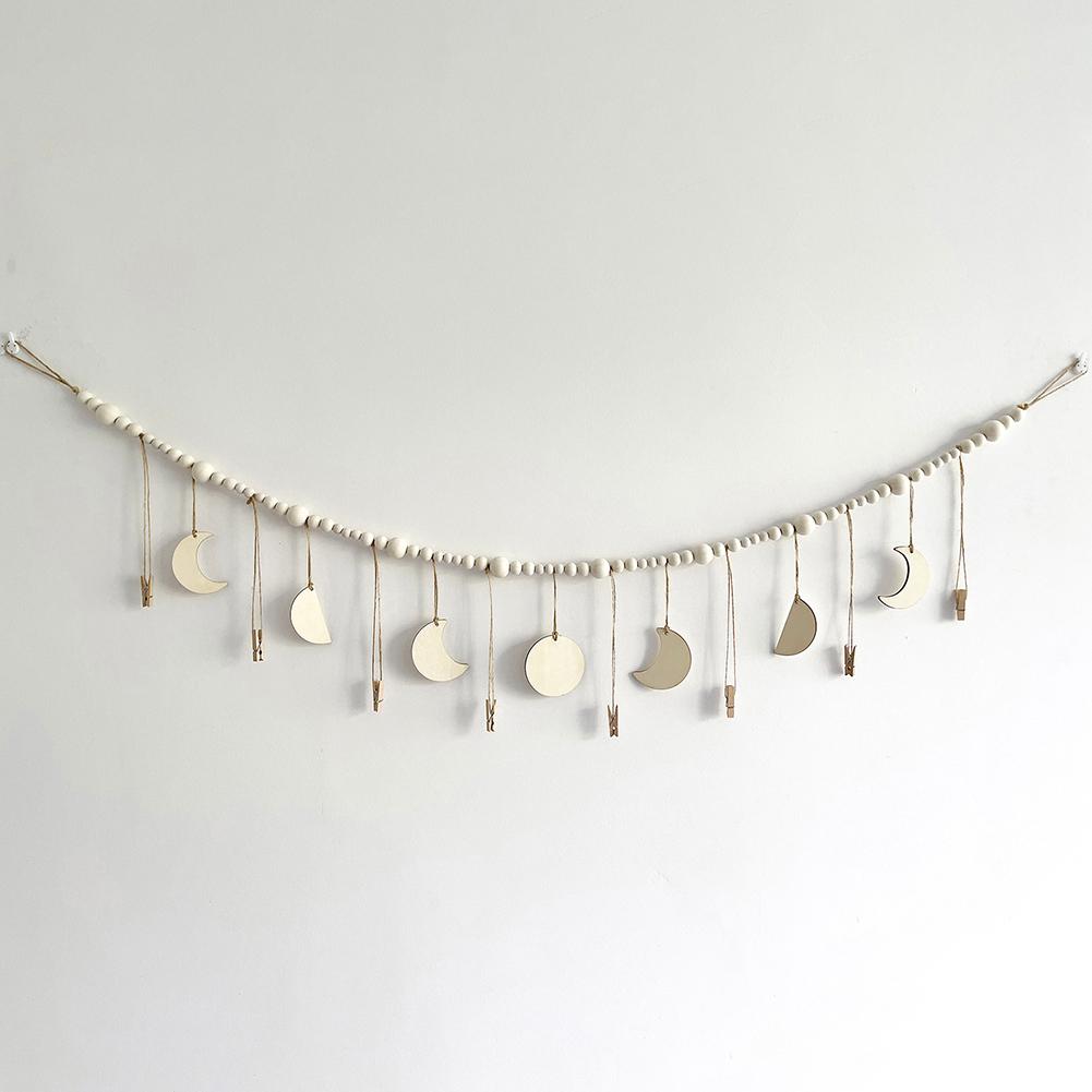 130cm Photo Garland With Wooden Beads Moon Tags 3 Sizes Wall Mounted Photo Clip String For Bedroom Office Dorm Party Decor
