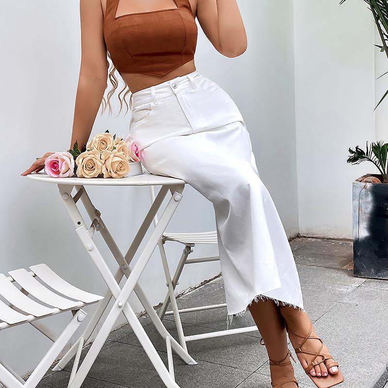 Women High Waist Pocket A Line Jean Denim Skirt