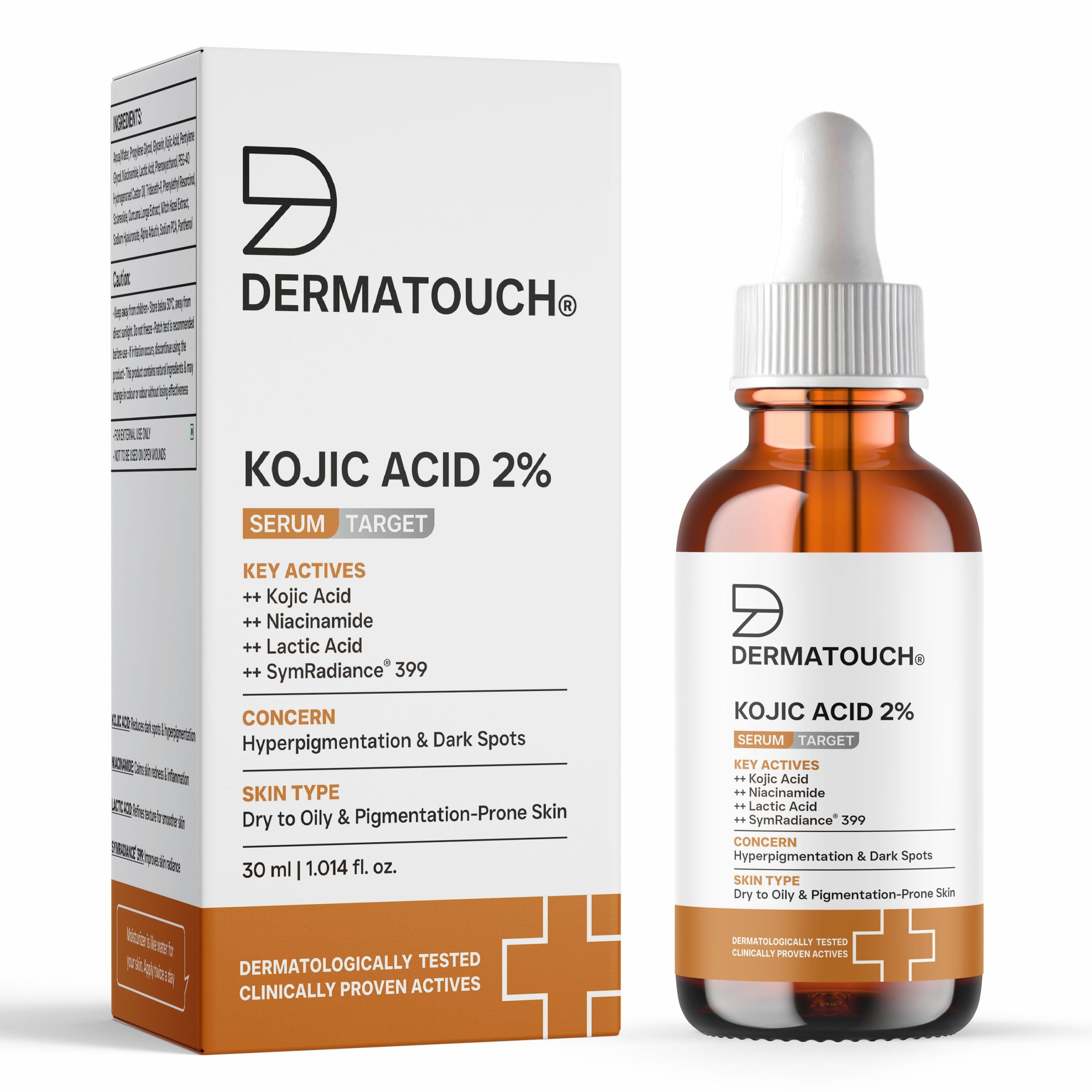 DERMATOUCH Kojisäure 2% Serum | Am besten für Hyperpigmentierung, ungleichmäßigen Hautton & dunkle Flecken | Für Männer & Frauen | 30ml white