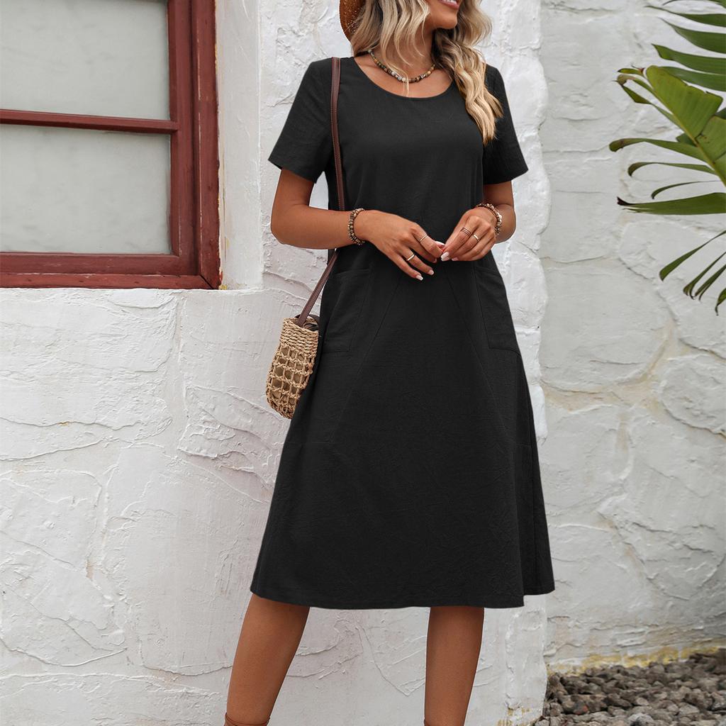 HNXC Damenmode Sommer Frühling Einfarbiger Druck Kurzarm O-Ausschnitt Hohe Taille Freizeitkleider