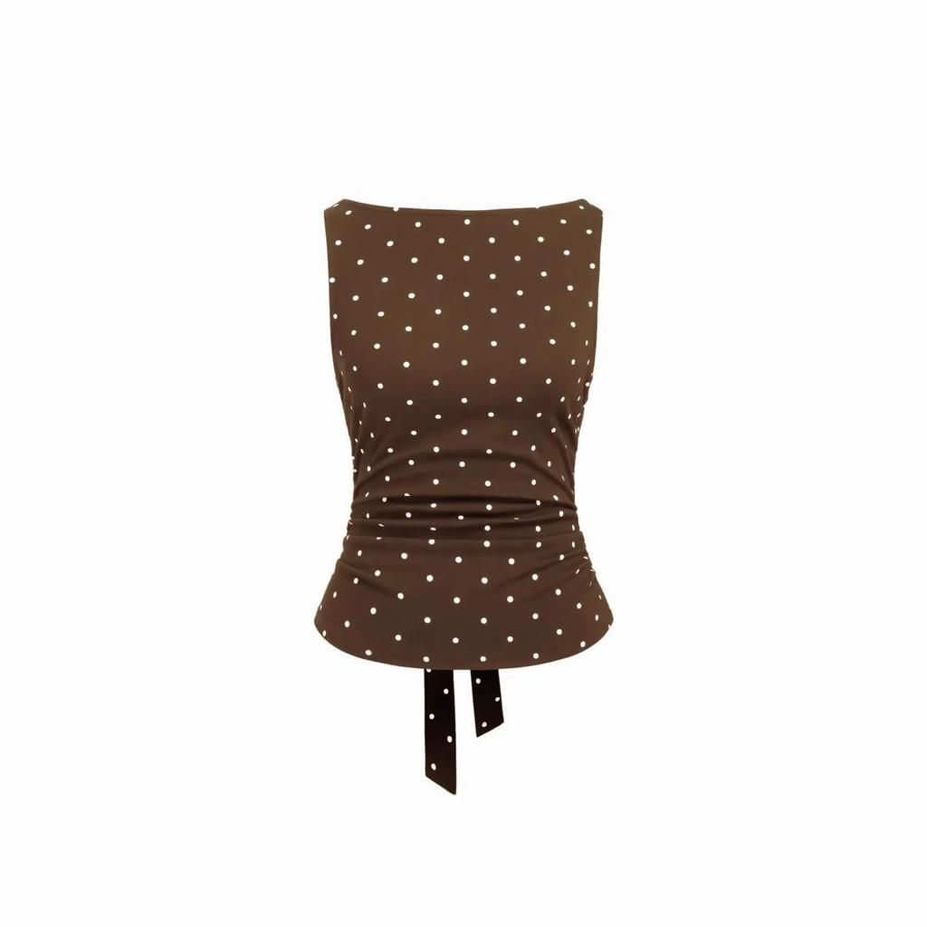 American Polka Dot Bottom Shirt Women's Summer Boat Collar Retro Pleated Waist Skinny Vest Sexy Spice Sleeveless Top