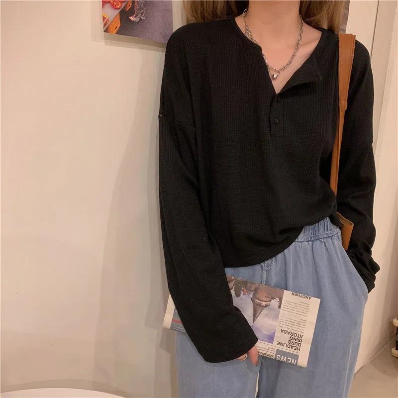 WTEMPO Women Long Sleeve Casual T-Shirts Elegant Simple Solid Button Design Retro Ins Spring Ladies Tees Loose All-match Tops