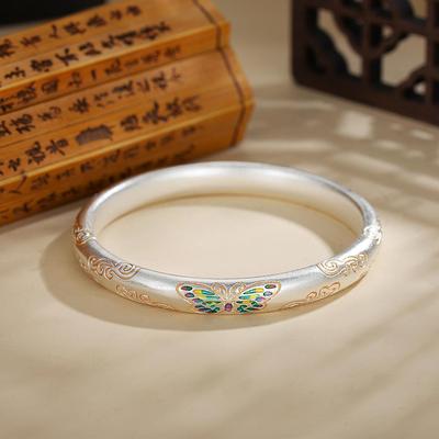 Gold-Painted Cloisonné Butterfly Bracelet - New Chinese Style with Auspicious Clouds and Silver-Plated Finish