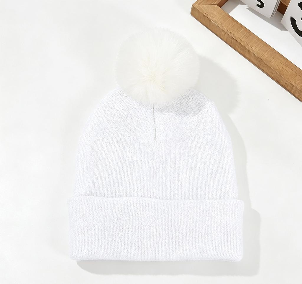 Modische Wollmütze mit Bommel für Herbst und Winter, Outdoor, Kälteschutz, Warm, Europäische und Amerikanische Damen, Unifarbene Pullovermütze