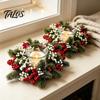 Festive Desktop Garlands Christmas Candle Ring Wreath, Artificial Pine Wreath with Red Berries Holiday Table Centerpieces White Flowers, Centerpiece