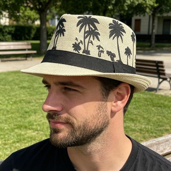 Yousheng Vacation Beach Hat, Straw Woven Sun Protection Hat with Coconut Tree Pattern, Retro Jazz Style Hat for Summer Vacations Pool Parties