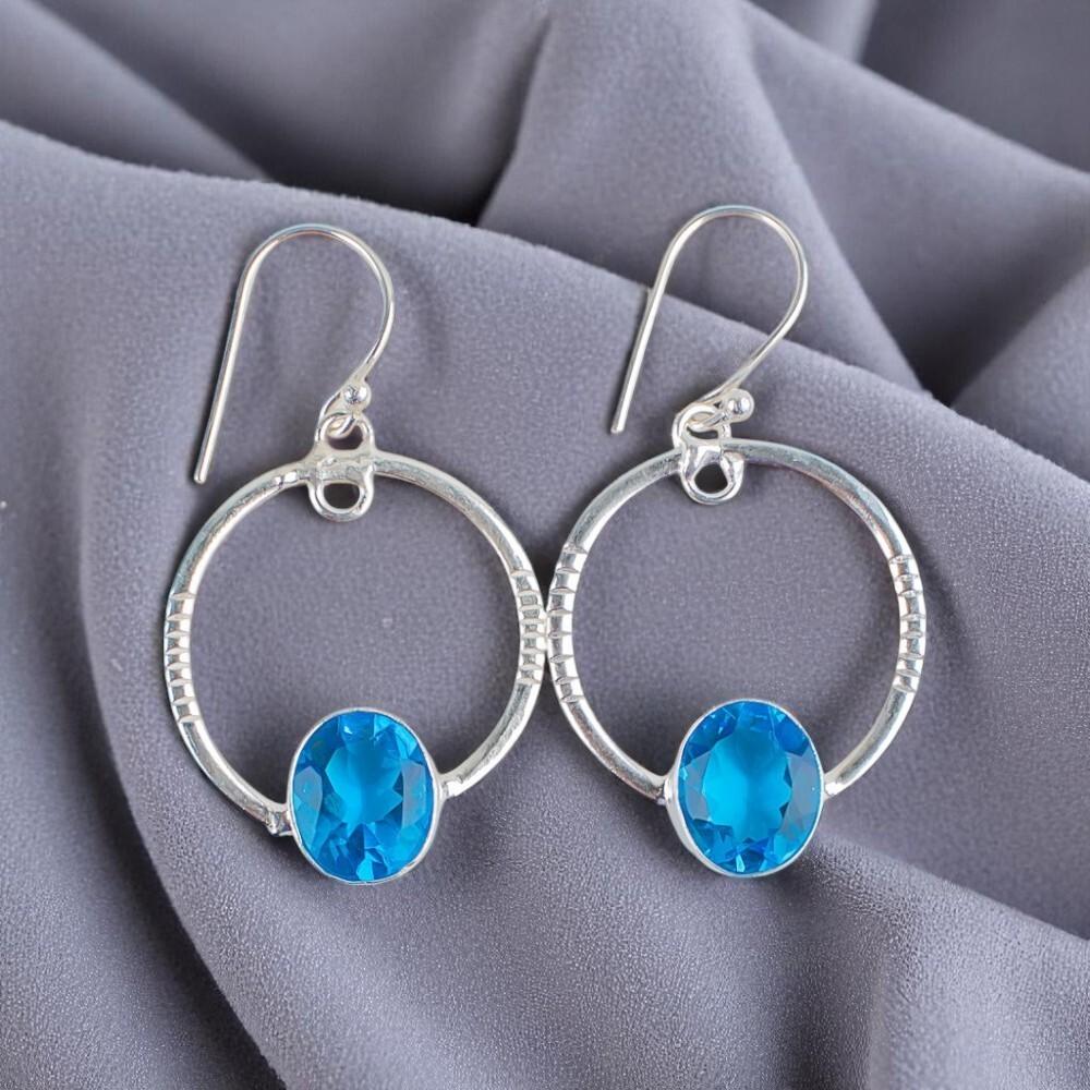 Natural Swiss Blue Topaz Gemstone 925 Sterling Silver Jewelry Handmade Earrings EE-67-9