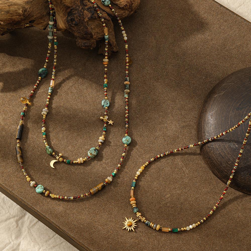 New Chinese Czech Beaded Sunflower Pendant Necklace Retro Ethnic Style Colored Natural Stone Long Sweater Chain