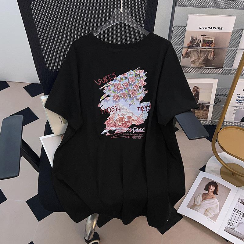 Plus Size Mid-Length Loose Slimming Round Neck Short Sleeve T-shirt for Women (200/300/350 Jin)