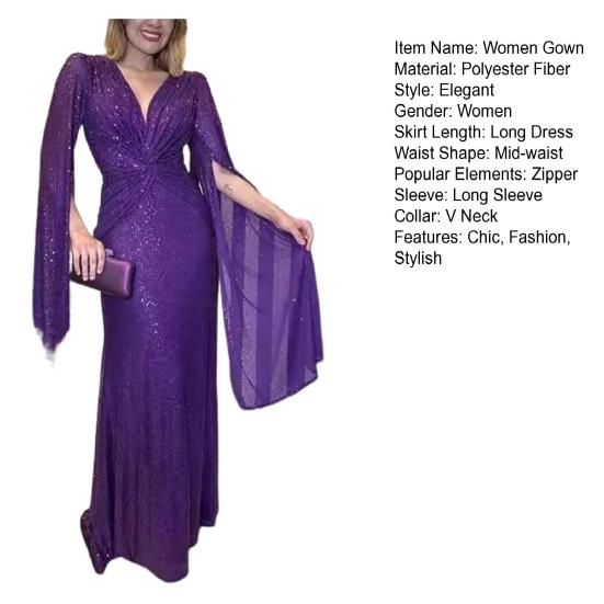 Women's Sequin Prom Dress Long Cape Sleeve Front Twist Knot Maxi Dress Sparkly V Neck Formal Evening Party Wedding Gown