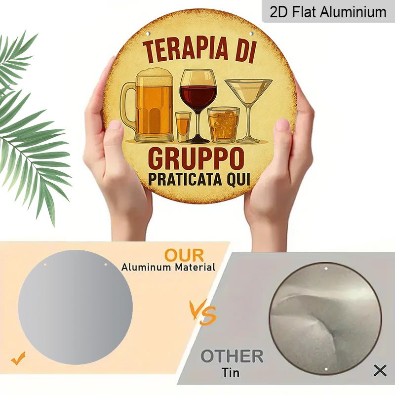 2D Flat, 1pc 7.87inchs Round Aluminum Sign, "Group Therapy Practiced Here" Funny Bar Quote, Vintage Beer & Wine Glass Metal Wall Art, Retro Aesthetic