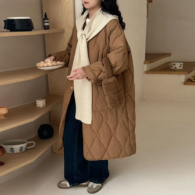 

Ромбовидный длинный пуховик женский 2025 зима корейский утолщенный шарф-шаль милый и тонкий до колена теплая куртка One Size