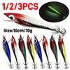 1-3X 10cm 10g Artificial Fishing Lures Squid Hook Jigs Noctilucent Squid Cuttlefish Jigs Bait Spinner Bait Sea Fish Wood Shrimps