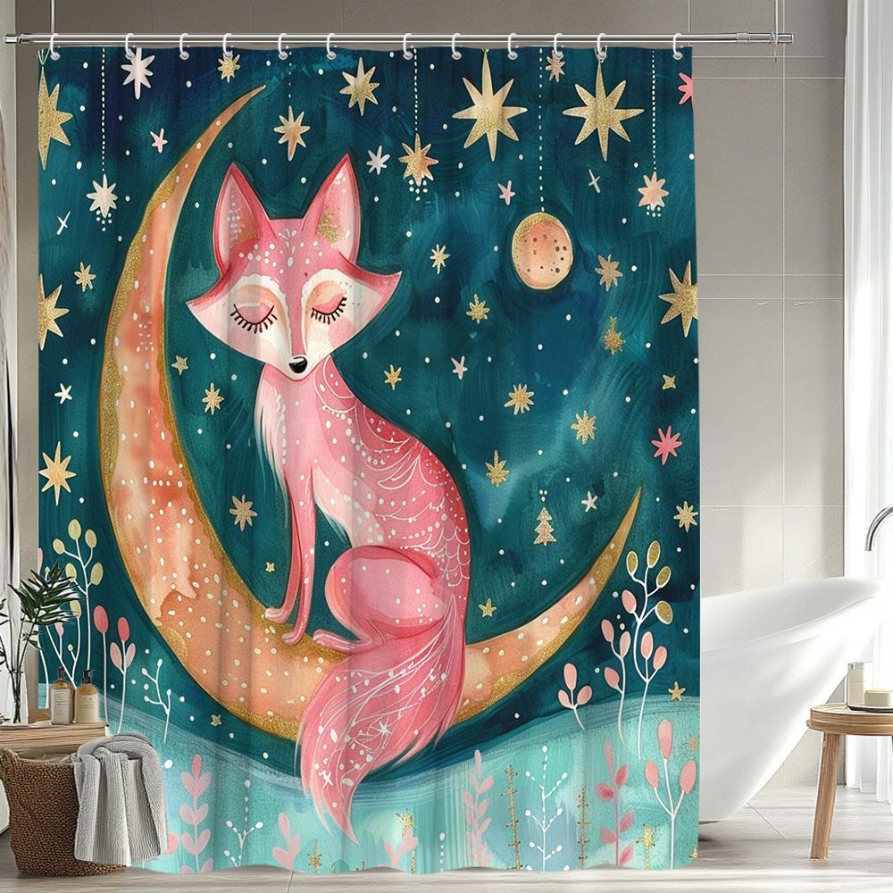 1Pc Enchanting Fox & Starry Night Shower Curtain - Fantasy Medieval Style, Washable Polyester Fabric With 12 Hooks,