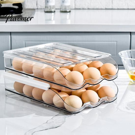 Space Saving Egg Storage Bin Stackable Box, 7 Degree Gentle Slope Design, Household Organizer for Fridge Transparent Plastic Container Refrigerator