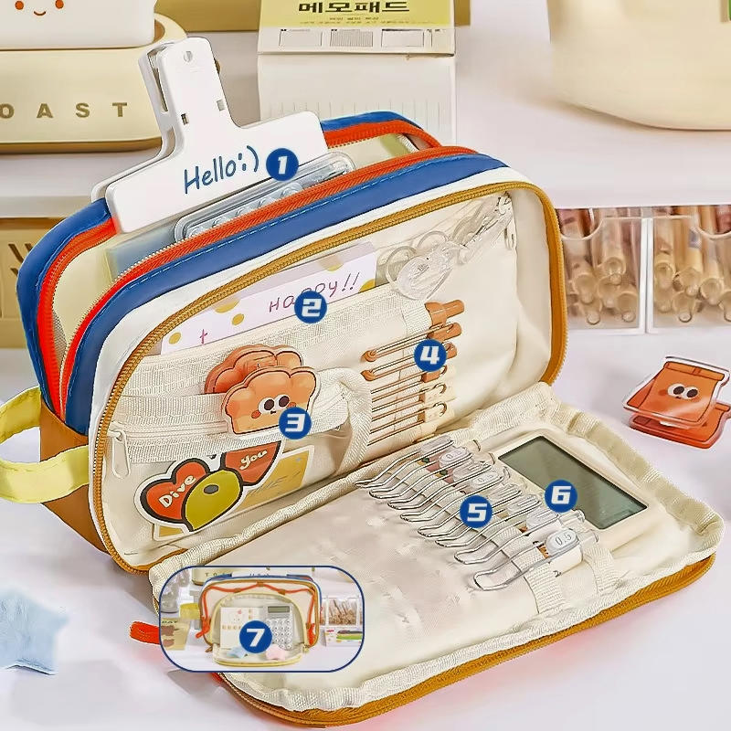 Cute Multi Layer Large Capacity Pencil Case for Kids Girl Five Point Star Stationery Organizer Students Portable Pen Bag