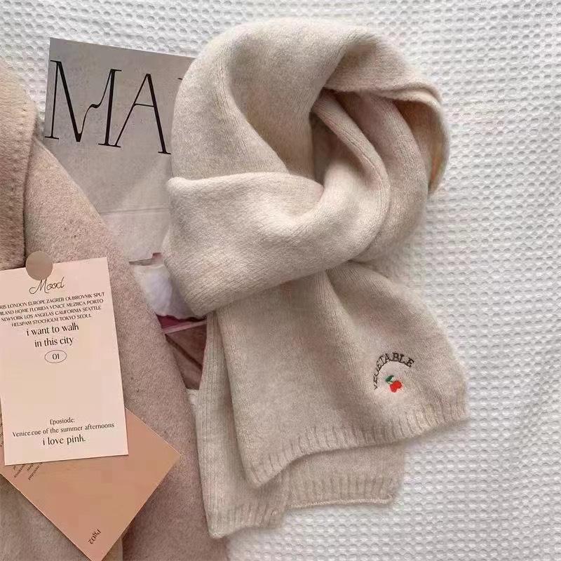 New Korean Style All-match Cute Cherry Scarf for Women In Autumn and Winter Student Couple Warm Embroidered Word Scarf All Match
