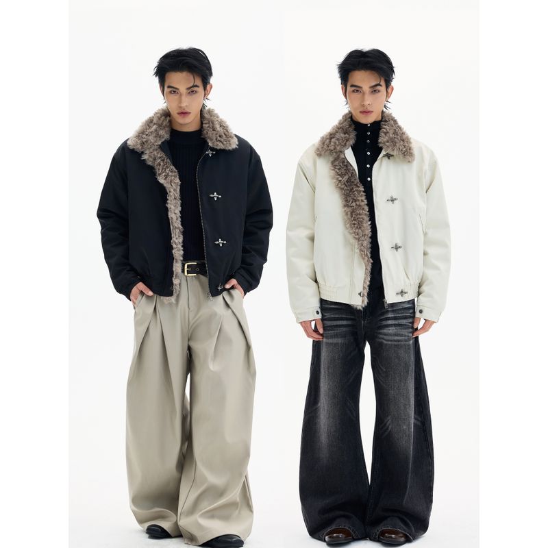 Kisko Winter American-Style Snap-Button Padded Coat with Fur Collar, Unisex Design, Loose Fit, Warm Jacket, Couple's Trendy Style