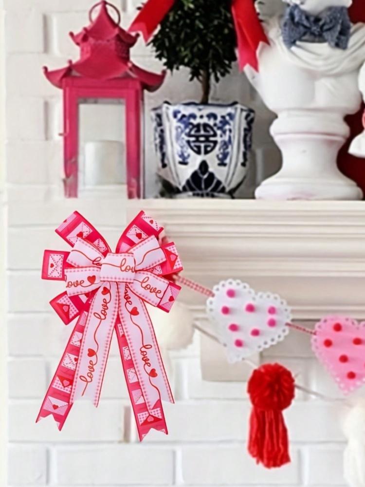 1pc Large Valentine's Day Bows for Wreath, Pink Heart Wreath Bows Valentine Love Bows for Front Door, Wedding Romance Burlap Orn
