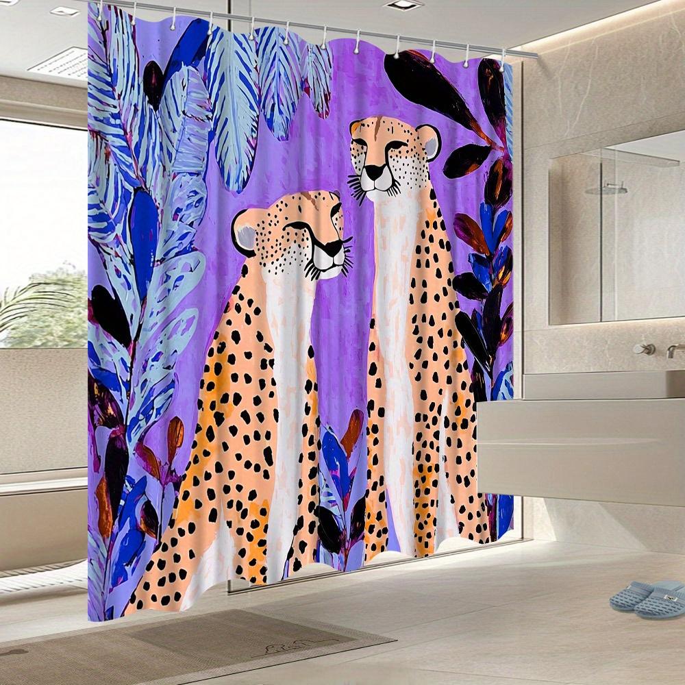 Cheetah Shower Curtain – Two Cheetahs In Love, Purple Blue Foliage Art, 70.8X70.8In, Fade-Resistant, Includes Hooks