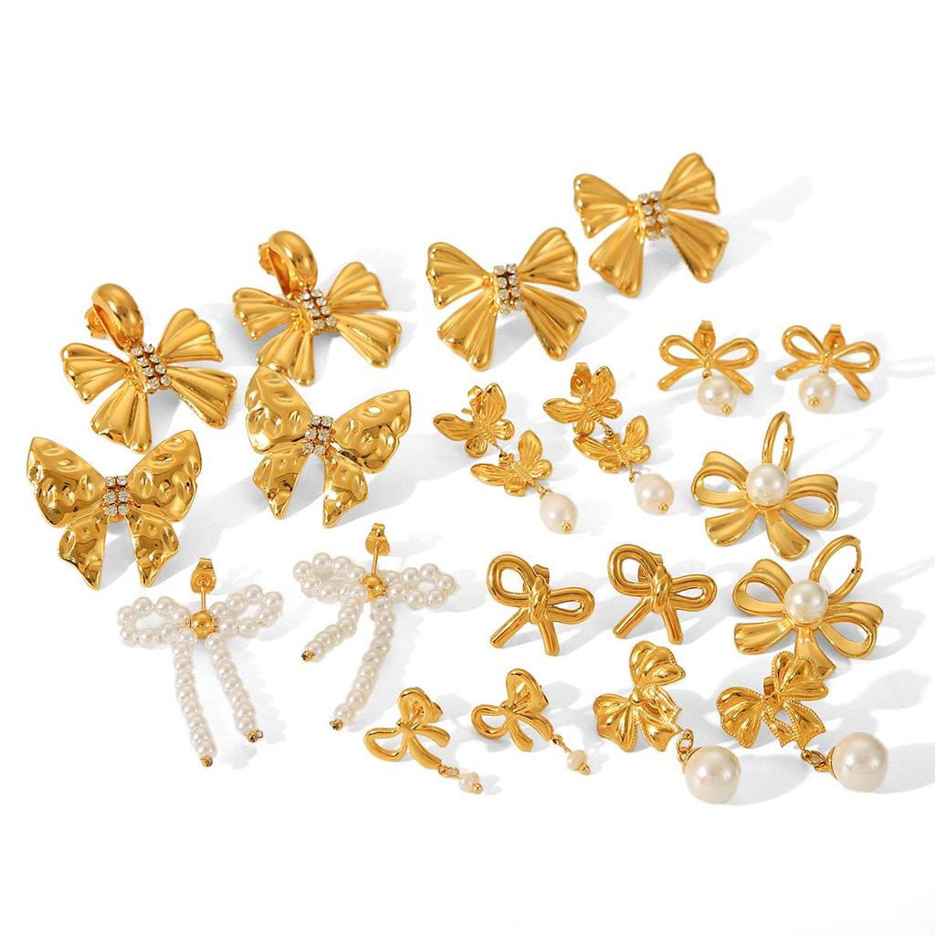 18K Gold French-Style Bow Studs with Titanium Steel, Butterfly, and Pearl Accents