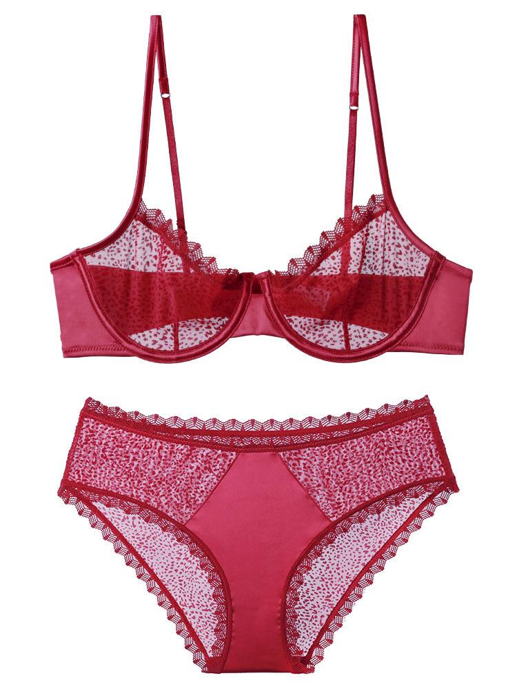 

Sexy ultra-thin mesh bra flocked leopard print perspective temptation women s underwear big breasts small top support bra S червоний