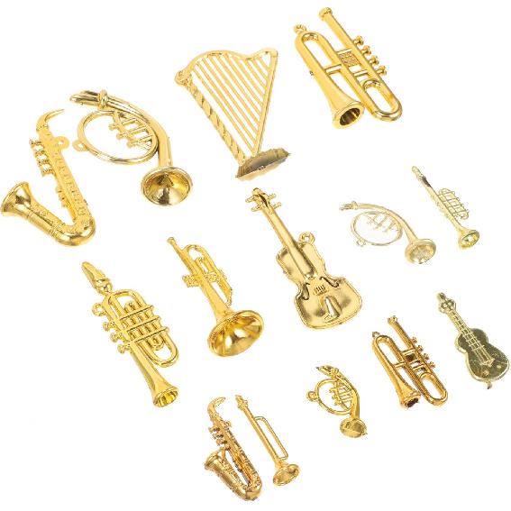 14pcs Christmas Musical Instrument Ornaments Mini Trumpet Saxophone Guitar Model Tiny Instruments Set Xmas Tree Hanging Decorations Music Party