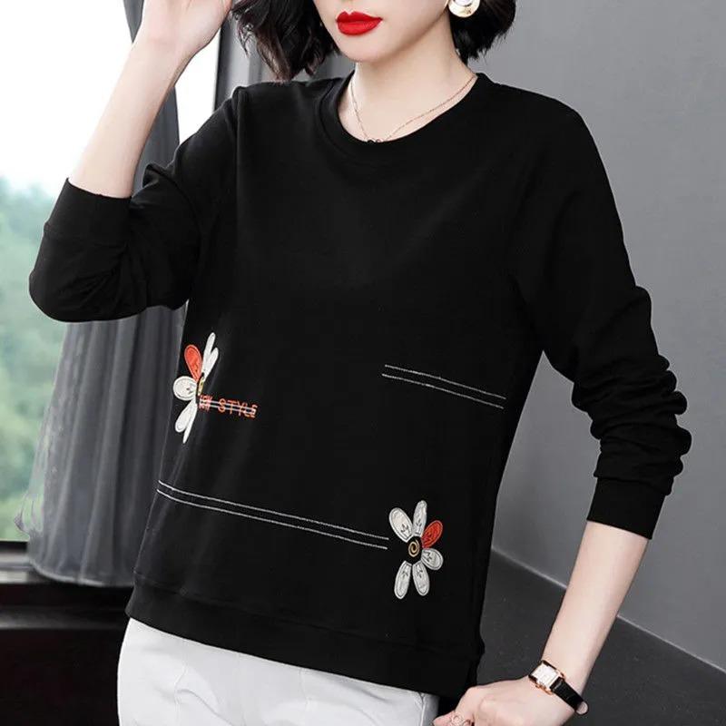Reines Baumwoll-Langarm-T-Shirt Damen Locker Oberteil Neue Modische Herbstkleidung mit Basis