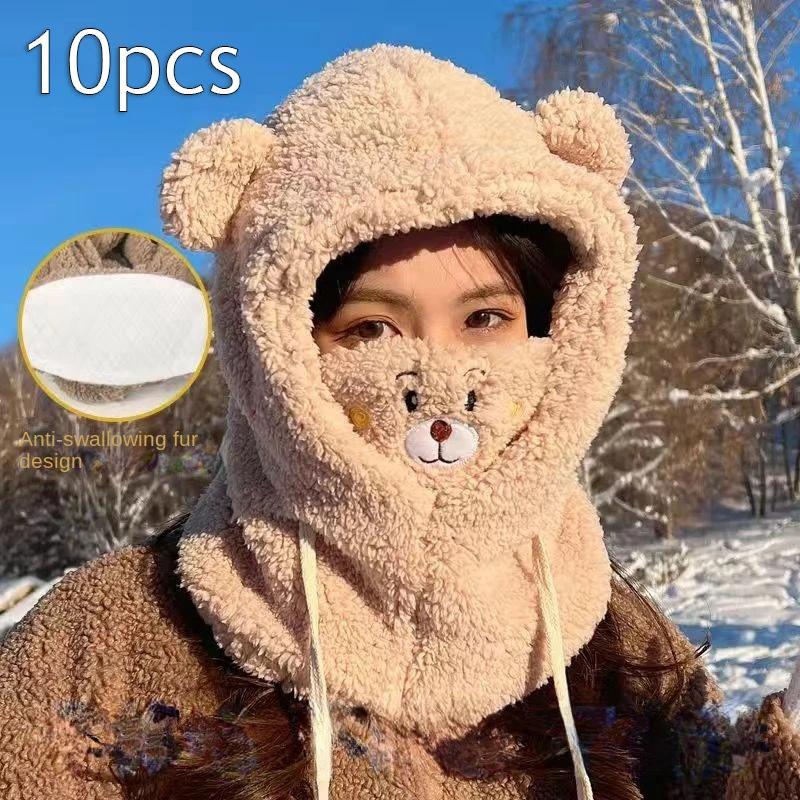 Cute Little Bear Scarf Hat Warm One Piece Hat Female Winter Student Lamb Hair Korean Version Hooded Mask Plush Hat