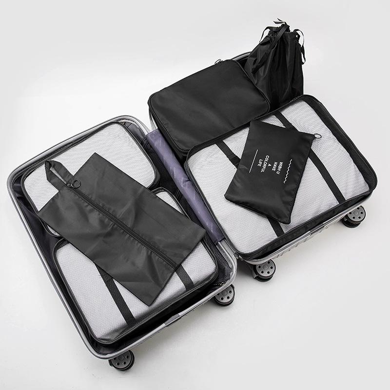 Eight-Piece Travel Organizer Set: Storage Bags & Makeup Bag for Clothes and Accessories.